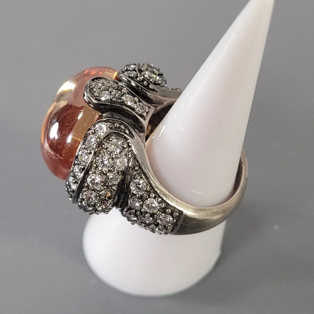 Sterling Silver Ring Chunky Mens Amber Cabochon Pave Size 7.25 Heavy 26.8g 925